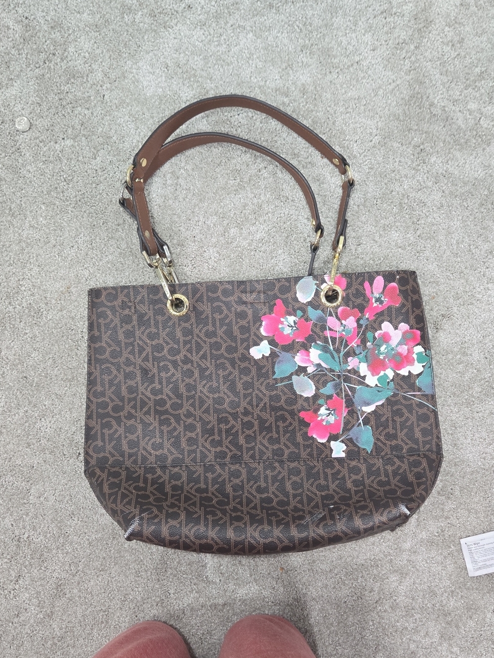 Calvin Klein Brown Floral Logo Tote Shoulder Bag